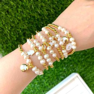 6Pcs est High quality gold filled copper beads bracelet white star/ eye/ cross /moon charm