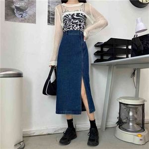 Chic Harajuku Jeans Skirt Kvinnor Höst Split Sexig Denim Femme High Waist Long s Vintage Side Zipper Saia 210708