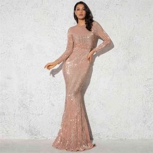 Elegant O Neck Long Sleeve Sequin Maxi Dress Floor Length Stretchy Bodycon Party Gold Green Bury Red 210915