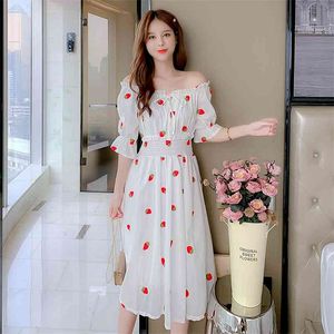 Mode Strawberry Dress Chic One-Word Neck Broderi Mesh Mid-Length Women's Sale Maternity 210520