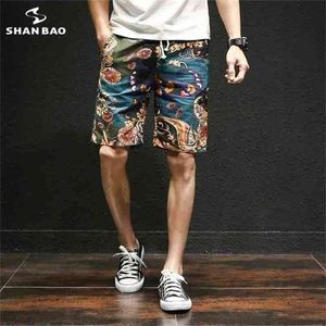 Sommer Hawaii-Stil Blume Strand Shorts Herren Baumwolle Leinen elastische Taille große Größe lässig M-5XL 210713