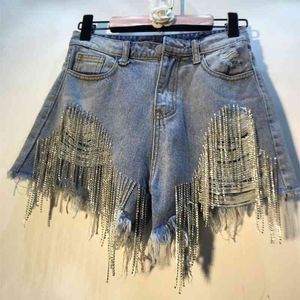 DEAT Frühling Sommer Strass Schwere Quasten Nagel Diamant Perlen Hohe Dünne Taille Hellblau Denim Shorts Frauen AE32305 210324