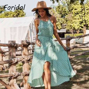 Abito lungo senza maniche a pois da donna Cinturino per spaghetti Fessura senza schienale Ruffle Maxi Summer Beach Boho Cotton 210427