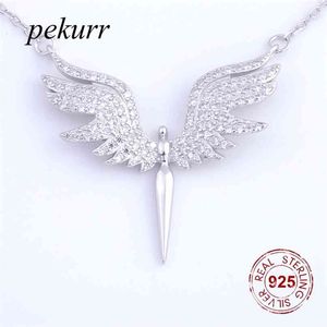 Pekurr 925 Sterling Silber CZ Winkel Flügel Phoenix Adler Vogel Halsketten Anhänger für Frauen Kette Schmuck Geschenke 210721