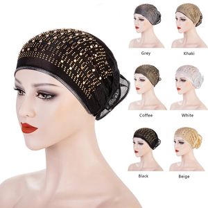 Novo Glitter Diamante Turbante Com Big Flor Mulheres Elegante Cabelo Capa de Perda de Cabelo Índico Chapéu Indiano Senhoras Headdress Muçulmano