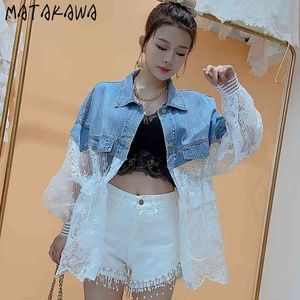 Koreanische Mäntel Frauen Sonnencreme Damen Jean Jacke Frühling Sommer Dünne Denim Nähte Mantel Stickerei Spitze Lose Casual Jacke 210513