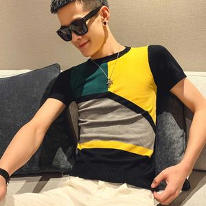 男性ニットTシャツスリムフィットトップスティー半袖Oネック夏カジュアルメンズTシャツストリートウェア服210527