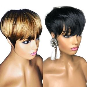 Short Bob Style Brazilian Remy Human Hair Wigs For Black Women Natural /Ombre Blonde Color None Lace Front Wig With Bangs