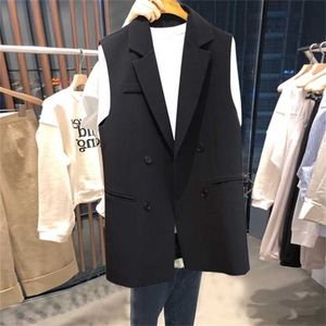 Spring and Autumn Women's Suit Black High Quality Casual Double-breasted Long Jacket Ladies Office Blazer Sleeveless 211122