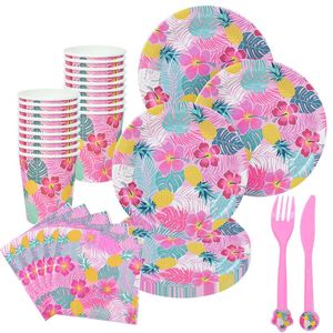 Engångs servis hawaii party rosa bordsartiklar pappersplattor koppar servetter för tropisk sommarbröllop födelsedagsdekoration