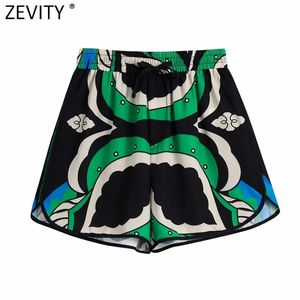Zevity kvinnor vintage kontrast tropiska löv print bermuda shorts kvinnlig chic spets upp elastisk midja pantalone cortos p1147 210719