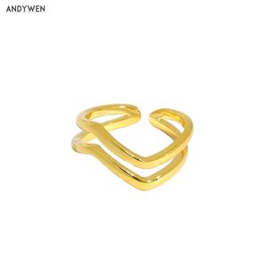 Andywen 925 Sterling Silver Gold Triangle Women Anelli Ridimensionabile Luxury Fashion Fine Jewelry Party Slim Simple Jewels 210608