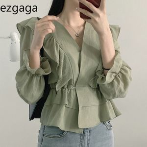 Ezgaga Women Blouse Korean Chic Sweet Solid V-Neck Ruffled Long Sleeve Slim Waist Tender Crop Tops Fashion Shirts Elegant 210430