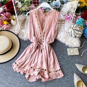 Neploe Slim Boho V Neck Short Sexy Hollow Out Tie Jumpsuit Women Summer High Waist Casual Tank Playsuit Beach Holiday Romper 210423