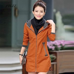 Trench coat da donna Slim Fashion Plus Size 4xl Giacca a vento medio-lunga Patchwork OL Capispalla con cappuccio 210430
