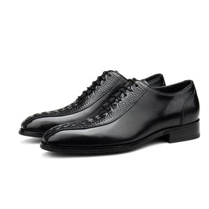 Stor storlek EUR45 Pointed Toe Black Crocodile Grain Wedding Dress Shoes äkta läder promskor Mens affärsskor