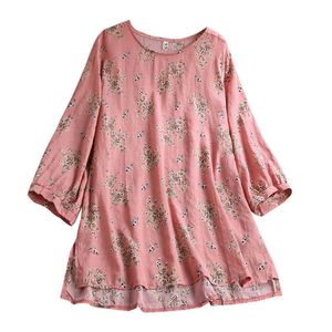 Summer Design Plus Size Floral Print Blouse Women O-neck 3/4 Sleeve Loose Casual Shirt Ladies Tops And Blouses 210608