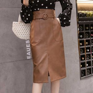Neophil Vintage Winter Front Split Pu Faux Leather Women Midi Pencil Skirts Asymmetrical High Waist Skirt With Belt Pocket S9726 211119