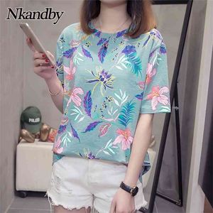 Nkandby 꽃 프린트 여름 티셔츠 여성 패션 캐주얼 짧은 소매 숙녀 Tshirt 새로운 대나무 플러스 크기 기본 탑 4XL 210324