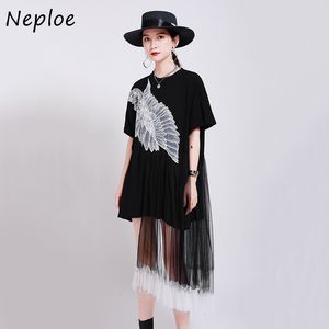 NEPLOE Kobiety Sukienki Lato Nowa Moda Patchwork Mesh Przędza Luźna Vestidos Angel Wings Wzór Nieregularna Dress 82224 210423