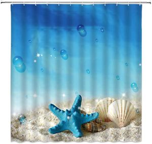 Shower Curtains Ocean Beach Scenery Blue Bubble Starfish And Shell Pattern Bathroom Decor Polyester Cloth Hanging Curtain Set