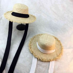 الصيف النساء الشاطئ أسود أبيض الشريط القوس رافيا مزاجه شقة قبعة سترو ساطرا ساحل القبعات