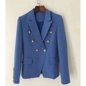 High Street Fashion Designer Blazer Jacket Kvinnors Metal Lion Knappar Dubbelbröst Yttre Coat Lake Blue 210521