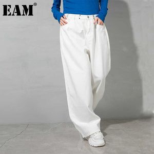 [Eam] cintura elástica alta branca casual longa perna calças nova solta cabana calças mulheres moda maré verão primavera verão 2021 1d8338 q0801