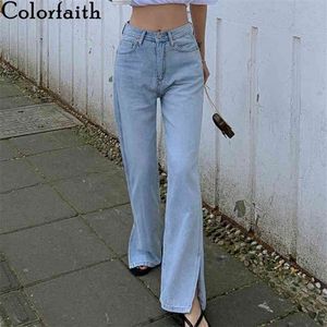 Colorfaith Mulheres Primavera Calças de Jeans Alta Cintura Calças Casuais Denim Streetwear Split Split Split Largo Pé Long Calças J4048 210629