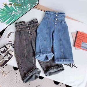 Fashion Baby Girl Jean Pant Cotton Wide Leg Toddler Teen Child Denim Trousers High Waist Button Girl Loose Pant Clothes 2-14Y 210317