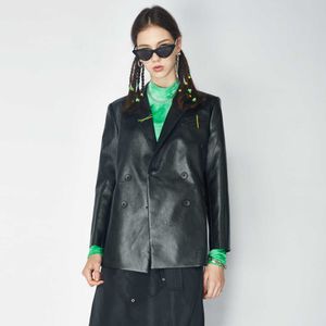 Retro 80s Faux Leather PU Terno Casaco Mulheres Moda Black Blazer Casaco Outono Inverno Feminino Outerwear Roupas 210608