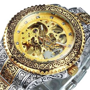 Vencedor Ouro Esqueleto Mecânica Assista Homens Automático Vintage Royal Moda Gravado Auto Pulso Relógios Top Marca de Luxo Cristal 210804