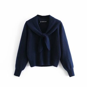 Sweet Women Sailor Collar Sweater Fashion Ladies Solid Soft Stickade Toppar Orsak Kvinna Elegant Lös Pullover Chic Girl 210427