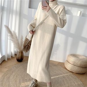 Casual Sukienki 2021 Moda Jesień Midi Over-the-kolana Gruba Sweter Sukienka Kobieta Turtleneneck Downing Dzianiny A-Line Zimowe Vestidos