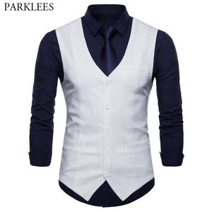 White Mens Casual Suit Vest Slim Fit Single Breasted Sleeveless Waistcoat Men Business Wedding Groom Tuxedo Vests Gilet Homme 210522