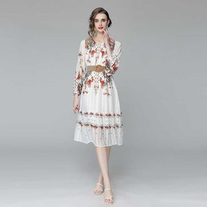 Women Summer Designer Elegant White Print Lantern Sleeve Buttons Sexy Cocktail Party Robe Female Vintage Chiffon Dress Vestidos 210525