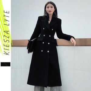 Casaco de lã preto para senhora inverno elegante moda longa chique grossa casacos de lã casacos ol desgaste outwear 210608