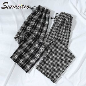 SURMIITRO Fashion Summer Black White Plaid Wide Leg Pants Women Korean Style Loose Ankle Length High Waist Trousers Female 210712