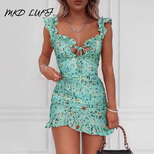 Summer Floral Print Tied Detail Ruffles Mini Dress Women Sleeveless Casual Vacation Beach Short Dresses Y0823