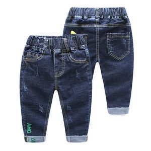 Spring Autumn 2-12 Years Teenage Student Elastic Letter Child Trousers Baby Long Pants Denim Blue Kids Jeans For Boys 210529