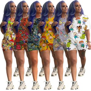 Women Tracksuits Two Pieces Set Designer Cartoon Printed Casual Short Sleeve Outfits Short Shirt Pant Sport Suits Clubwear 8890