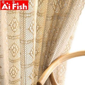 Retro Beige Crochet Lace Hollow Crochet Flower Sheer Curtain For Living Room American Rustic White Handmade Curtain Tulle M181#4 210712