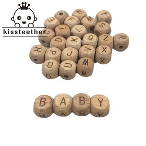 Trä tandteknik 100pc 12mm kvadratisk form bok trä bokstav pärlor diy smycken alfabetet baby teether 211106