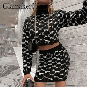 Glamaker Elegant Turtleneck pullover skirts suit dresses Women warm sweaters and letter knitwear fashion chic co ord set 220302