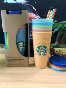 Sjöjungfru gudinna 24oz färgbyte tumblers plast dricksjuice kopp med läpp och halm Magic Kaffe Koppar Kostom Starbucks Färgbyte Plastkoppar 100st