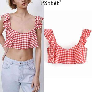 Summer Red Plaid Crop Top Donna Scollo a V Ruffle Cinghie larghe Sexy Tanks Camis Fashion Elastic Backless Canotte 210519