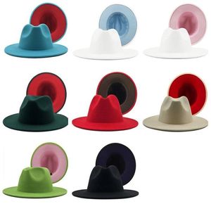 Felt Fedora hatt för män Kvinnor Patchwork Jazz Caps Girls Mens Wide Brim Hattar Man Kvinna Mode Konstgjord Ull Dubbelfärg Panama Cap Ladies Present 2021