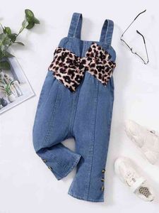 Baby Leopard Print Bow Front Fake Button Dżinsowe Kombinezony Ona