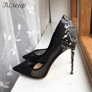 Tikicup Croc efekt Kobiety Siated Toe Siatki Pompy z Tiny Studs Black Sexy Damskie Party High Heel Buty Diamond
