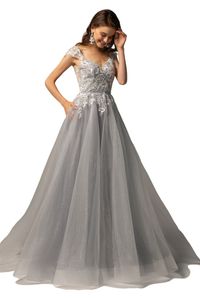 2021 Abiti da sposa a trapezio Abiti da sposa color avorio argento grigio Maniche ad aletta Perline Applicazioni in pizzo Glitter Tulle Semplice Elegante Informale Colorato Non bianco